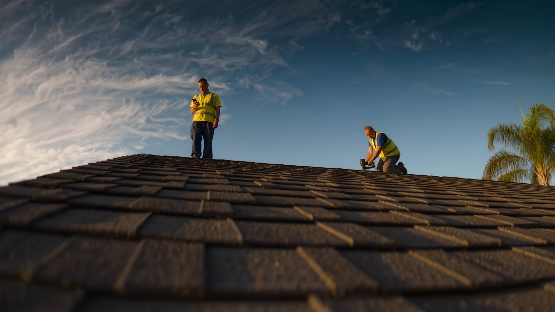 Two roofers on a Florida shingle roof at golden hour; one checks a route on his phone